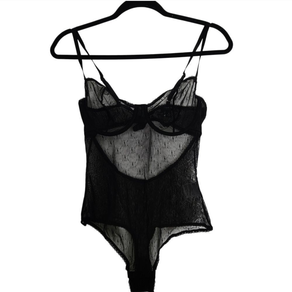 INC International Concepts Black Lace Lingerie Bodysuit With Logo Underwire Med